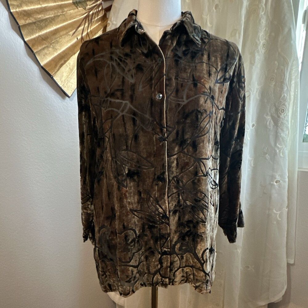 VINTAGE Chico's Design Silk-Blend Burnout Velvet Leaf Blouse
